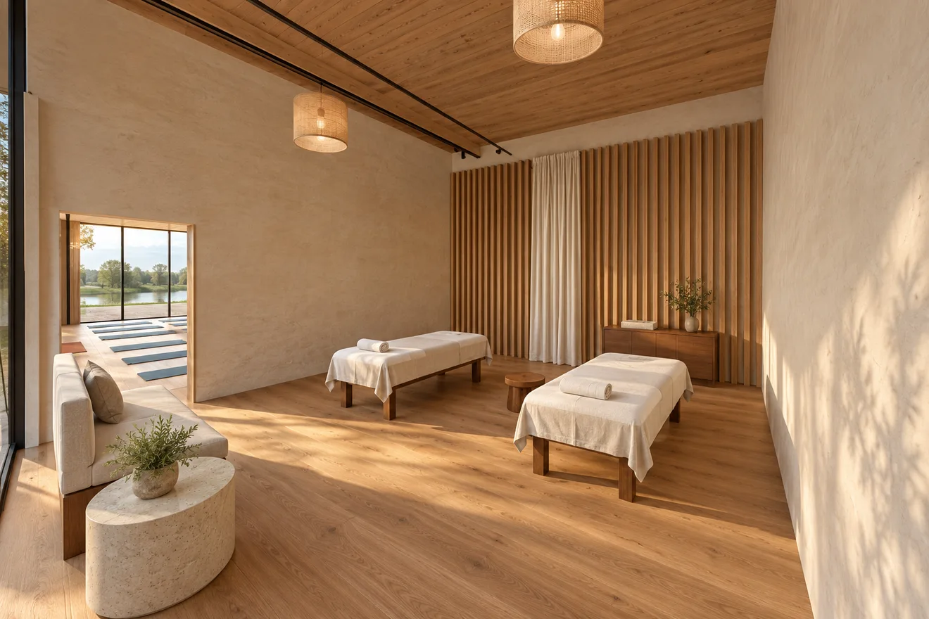 Two treatment tables in the bodywork room with a linen curtain and timber details.