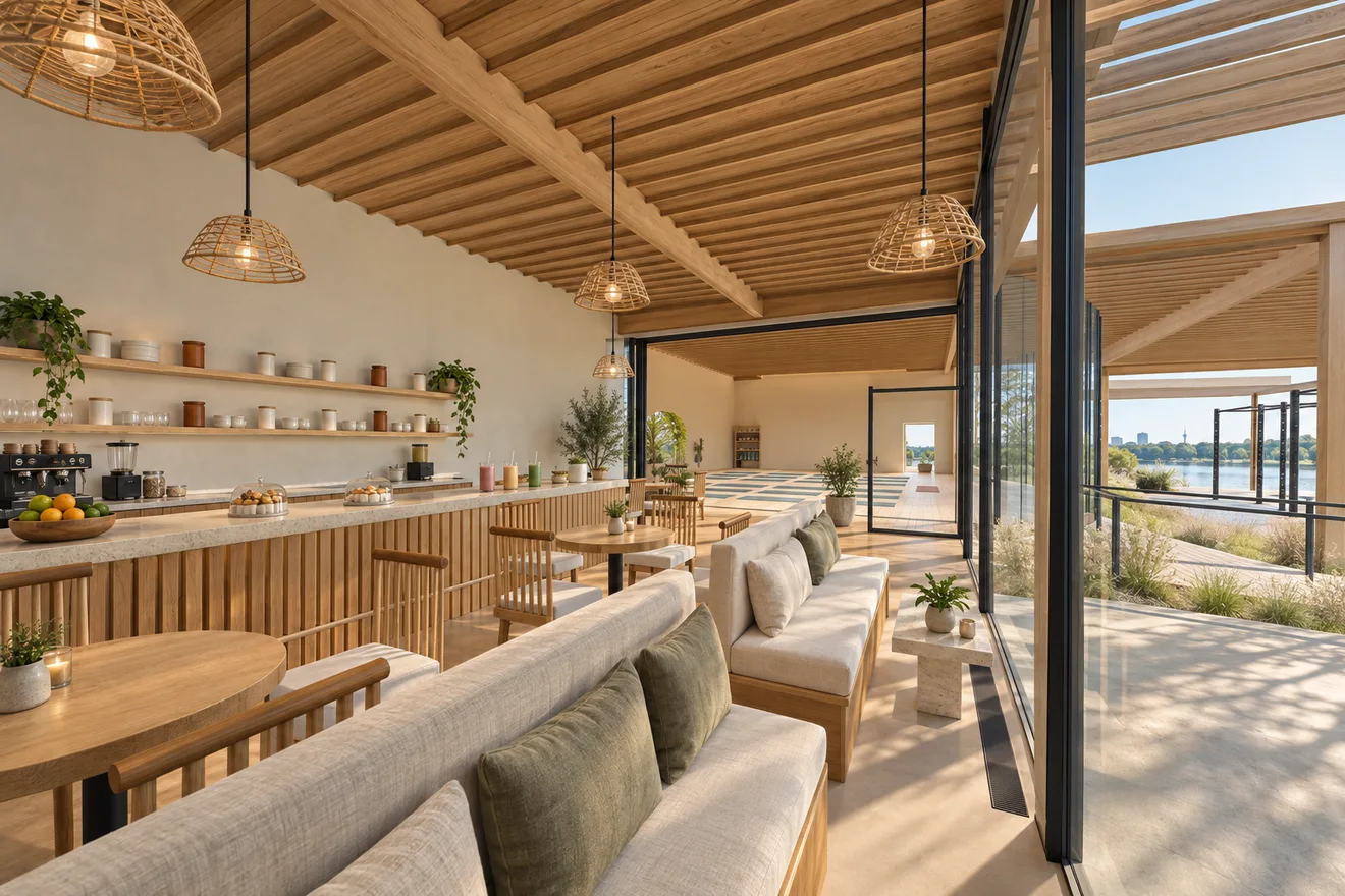 Café with a counter, benches facing the water and an open connection to the studio.