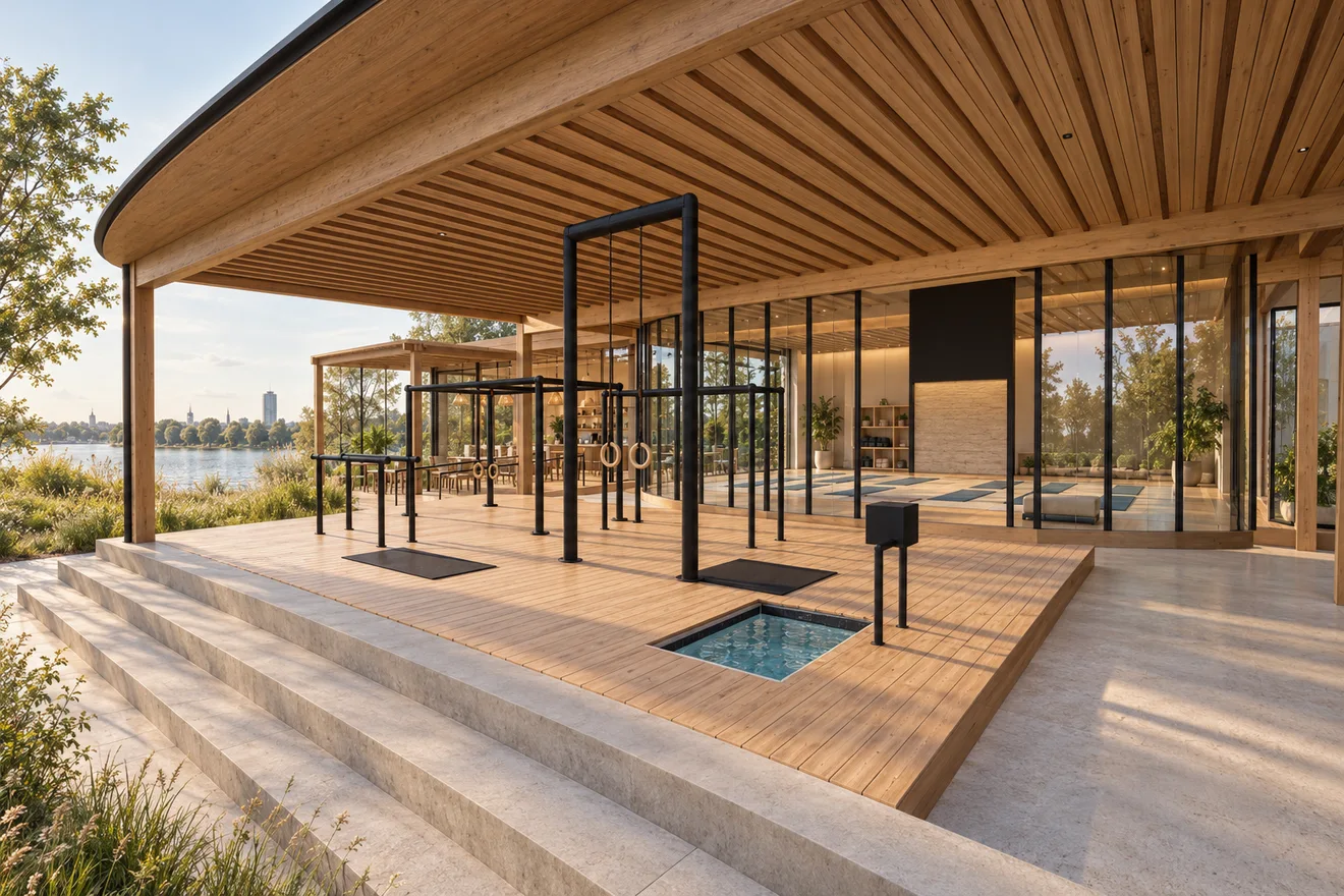 Rings and bars on the covered timber deck in front of the curved glass studio.